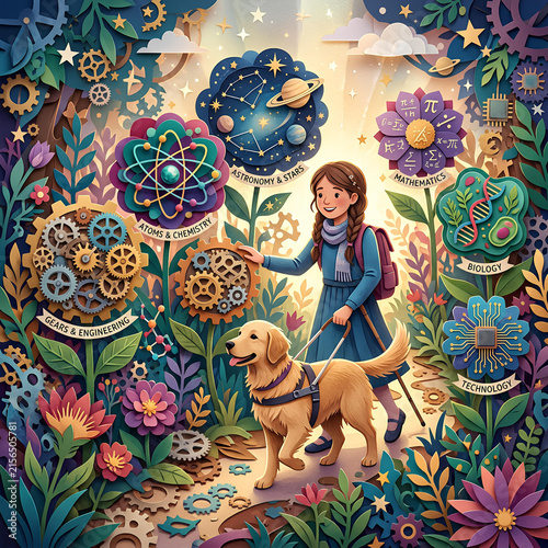 Whimsical illustration of girl and dog in STEM world.