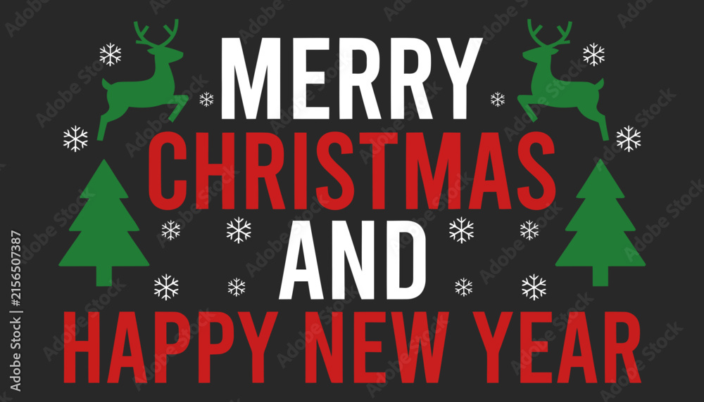 Fototapeta premium Merry christmas and happy new year greeting card design with reindeer and pine trees