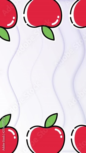 Animation of rows of red apples at top and bottom moving over wavy lines on pastel pink background