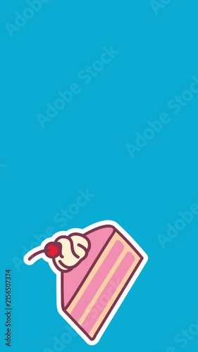 Animation of slices of pink cake with cherry and cream topping falling on blue background
