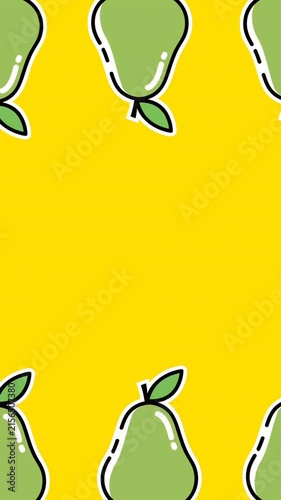 Animation of two rows of green pears moving at top and bottom of yellow background