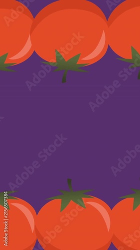 Animation of two rows of red tomatoes moving at top and bottom of purple background
