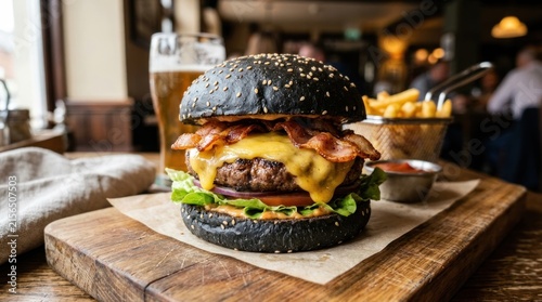 black bun cheeseburger with melted cheese and crispy bacon slices