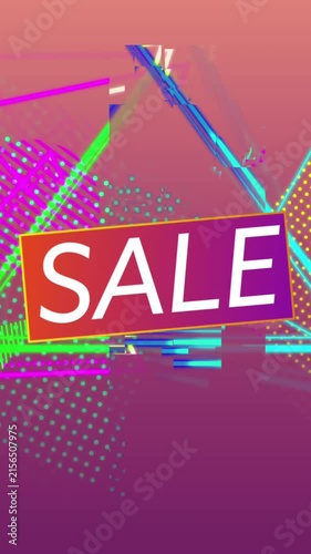 Sale graphic and colourful shapes tumble into place on dark pink background 4k