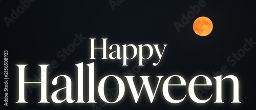 Happy Halloween text with full moon on dark background.