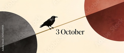 Single black crow perched on a wire with abstract circles and date text.