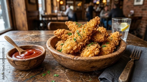 crispy chicken tenders served with ketchup in rustic wooden bowl