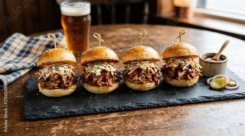 four juicy pulled meat sliders arranged on dark slate board