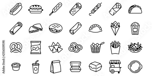 Set of hand drawn fast food icons featuring burgers tacos pizza and various snacks for restaurant menus