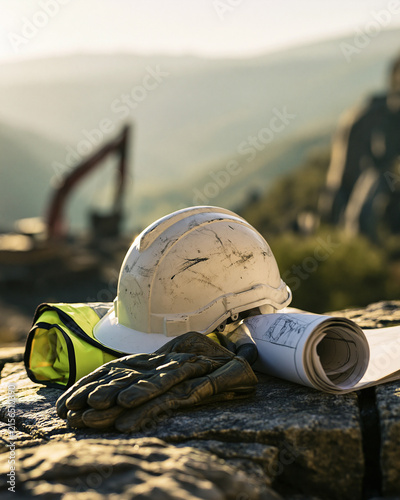 Construction hard hat and blueprints at a mountain job site