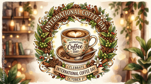 International Coffee Day emblem with decorative wreath.