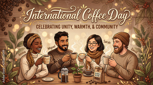 Diverse friends enjoying coffee at a table.