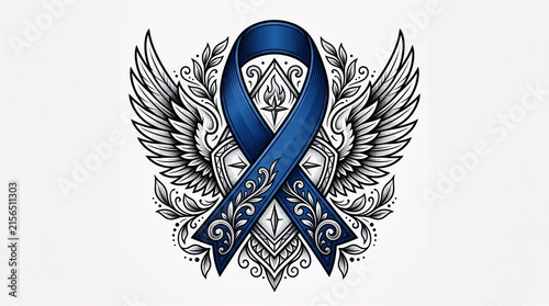 Decorative blue prostate cancer awareness ribbon with intricate Celtic-inspired patterns isolated on a white background