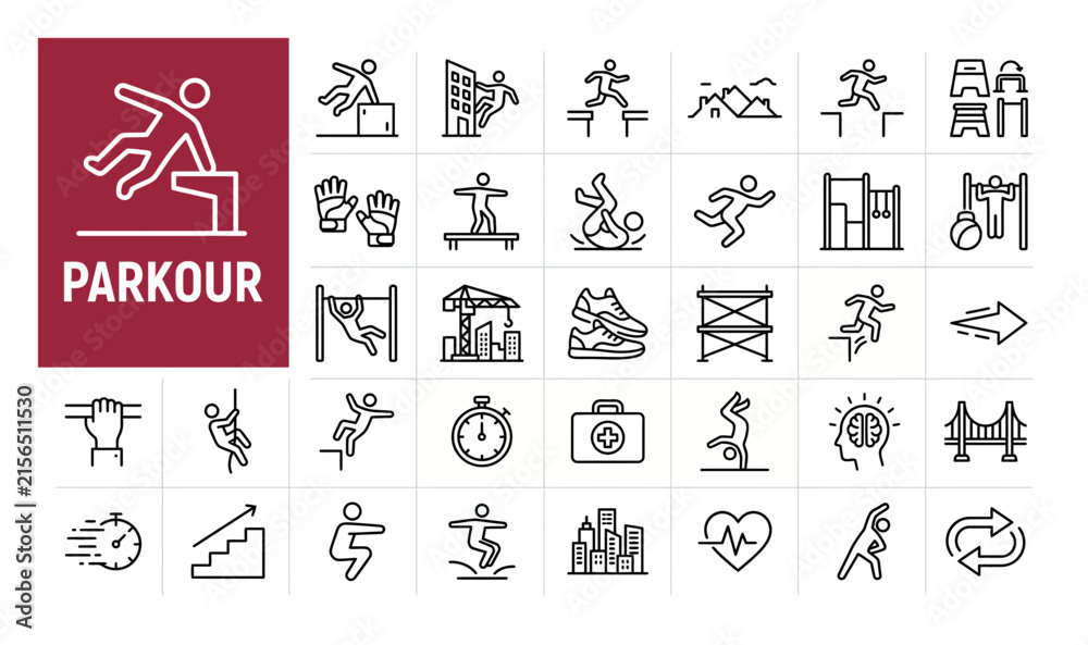 Fototapeta premium Parkour line icon set, urban freerunning and extreme street sports symbols, 30 minimalist vector icons for fitness and athletics