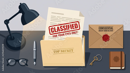 Top secret classified documents, sealed envelope, keys, glasses, and writing tools arranged in a mysterious espionage flat lay
