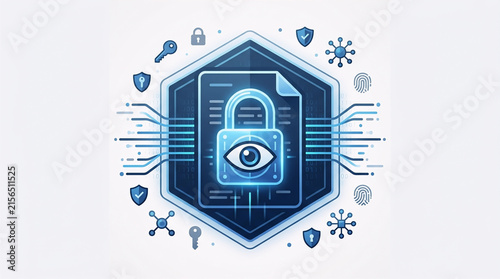 Cybersecurity concept featuring a protected digital document, lock, eye symbol, fingerprint and network security elements