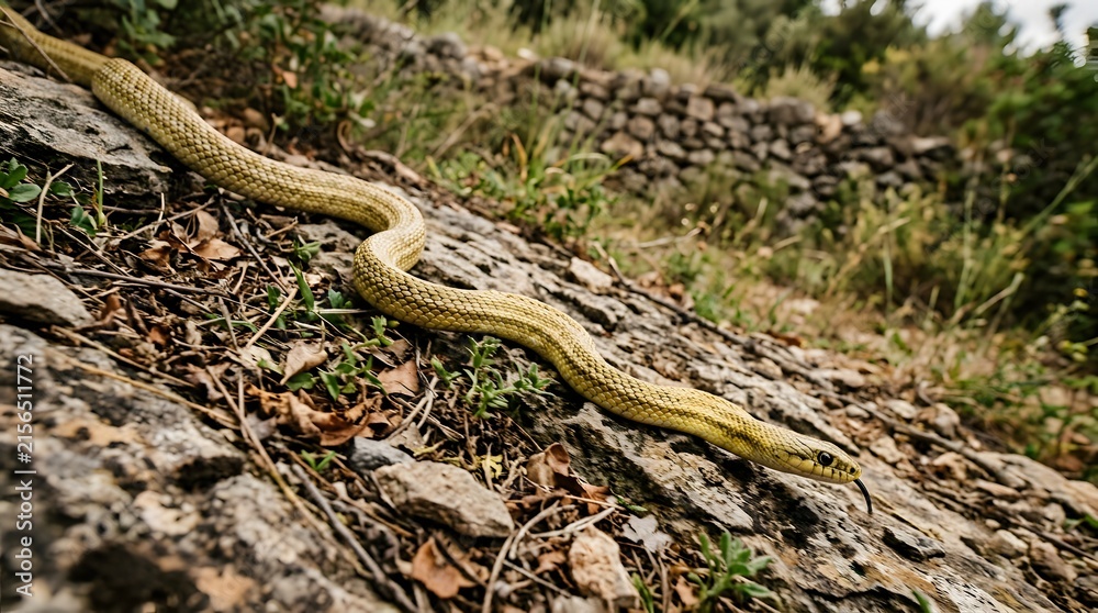 Fototapeta premium Wild snake slithering over rocky terrain in natural habitat.