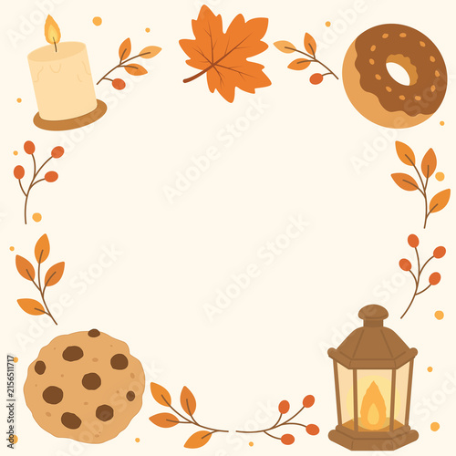Autumn Wreath Frame with Candle, Maple Leaves, Donut, Chocolate Cookie, and Lantern