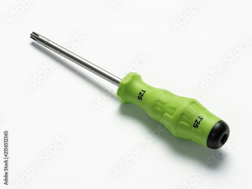 Torx screwdriver with lime green silicone handle, on a clean isolated pure white background.