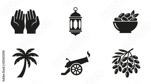 Collection of islamic symbols in black silhouette style on a white background