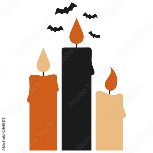 Three Halloween candles with bats flying above during a spooky night isolated on white background