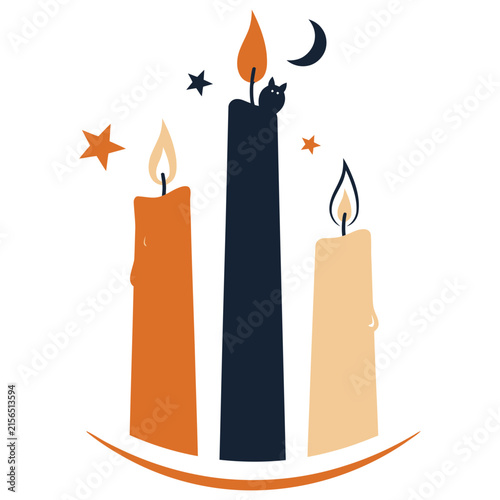 Three lit candles with celestial elements during twilight Vector Illustration Isolated on white background