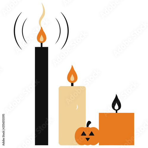 Three lit candles with pumpkin and signal waves during Halloween isolated on white background