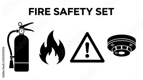 Fire safety set featuring extinguisher flames warning sign and smoke detector