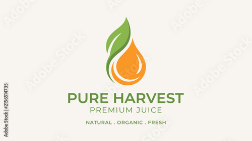 Pure Harvest Premium Juice Logo Design Featuring an Orange Fruit Liquid Drop and Organic Green Leaf Icon