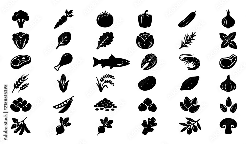 Fototapeta premium Vegetables Meat Grains and Leafy Greens Black Silhouette Icons