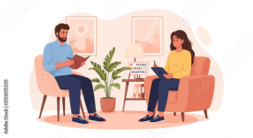 Life coach guiding a client through a productive session with notes and progress indicators