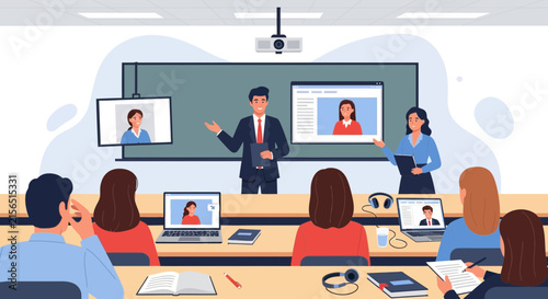 Male lecturer conducting a hybrid online and in-person class with students attending remotely and in the classroom