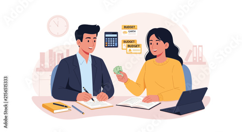 Financial advisor teaching budgeting and money management to a client in an office setting