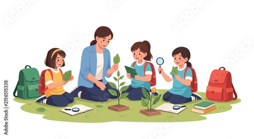 Teacher guiding children in outdoor nature education, exploring plants and learning with magnifying glasses and books.