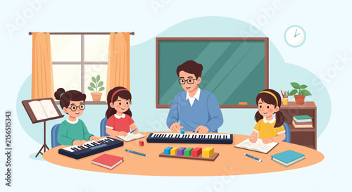 Joyful Music Teacher Instructing Young Students on Keyboards in a Classroom Setting