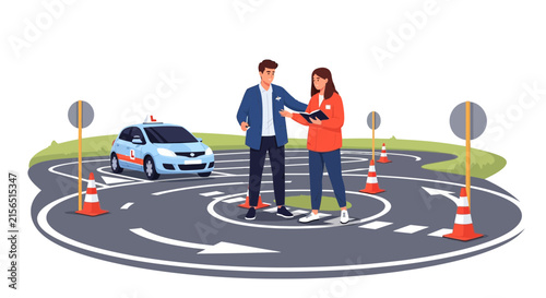Driving instructor guiding student with book on a practice driving course with car
