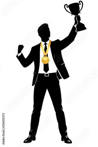 businessman holding a trophy and ending in the finish line first