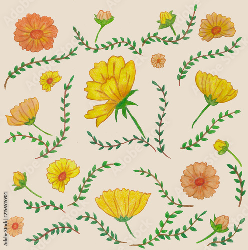 Hand-drawn Yellow&orange floral collection on beige background