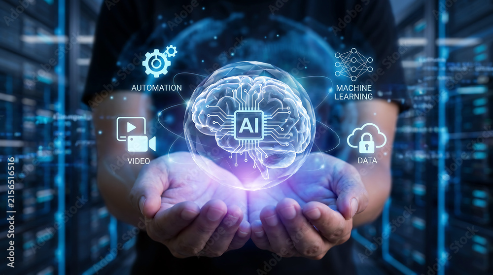 Obraz premium Person holding glowing digital brain icon representing artificial intelligence
