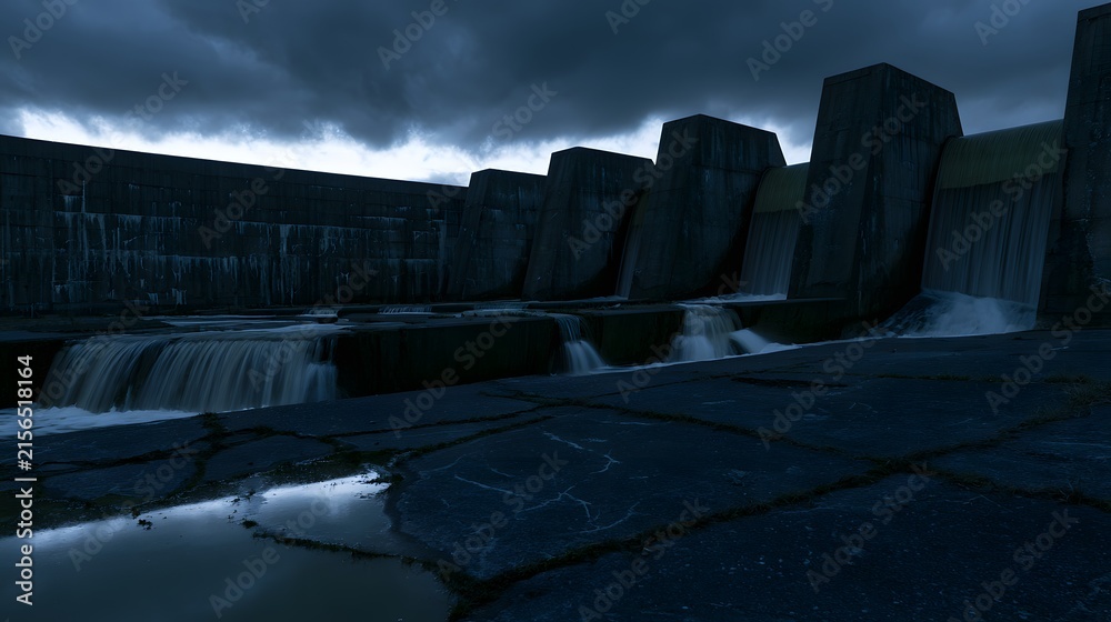 Fototapeta premium Ominous concrete dam waterfalls reflect stormy skies creating an industrial decay landscape
