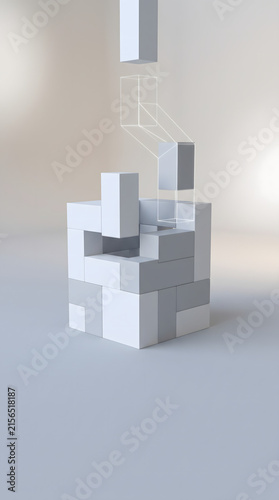 Minimalist 3D block puzzle assembly illustrating logic and strategic planning concept.
