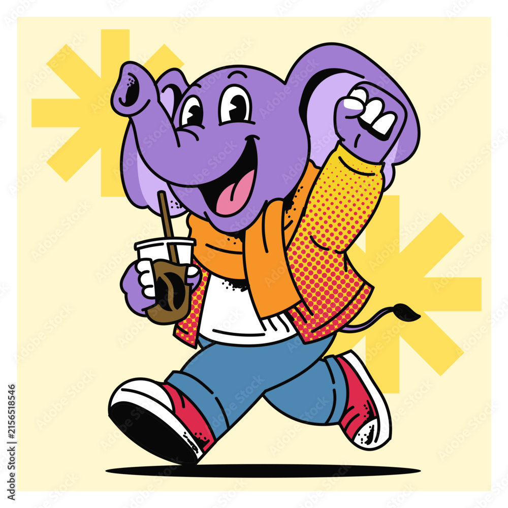 Obraz premium Cute Elephant Walking Cheerful Carrying Coffee