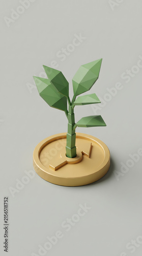 Low poly green plant growing from a gold coin with an upward arrow representing financial growth