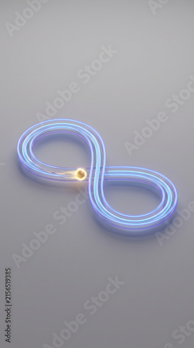 Abstract 3D render of a golden sphere traveling inside a blue glass infinity symbol