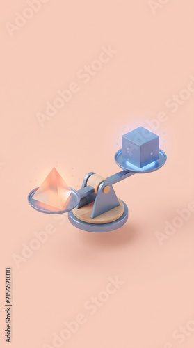 3D isometric balance scale comparing a glowing glass pyramid and a blue cube on a pastel background