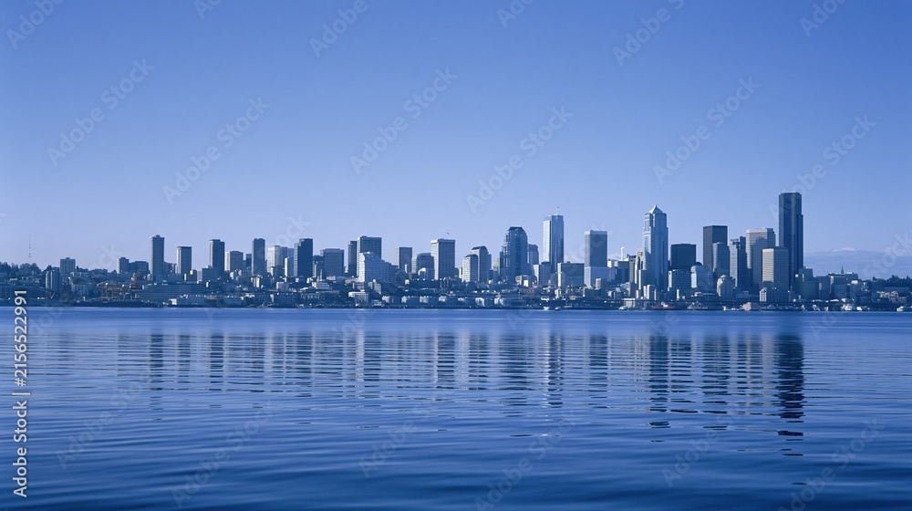 Fototapeta premium Panoramic View of a Modern City Skyline Reflecting on Calm Blue Water Under a Clear Sky