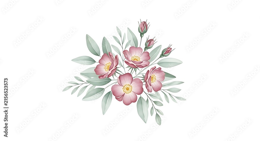 Fototapeta premium Delicate Watercolor Floral Bouquet Featuring Soft Pink Wild Rose Blossoms and Elegant Foliage Elements for Artistic Decorative Projects