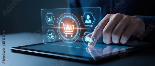 A close up view of a hand interacting with a digital tablet displaying ai technology for online shopping showcasing modern e commerce solutions and innovation.