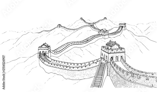 Great Wall of China Detailed Black White Architectural Line Art Vector