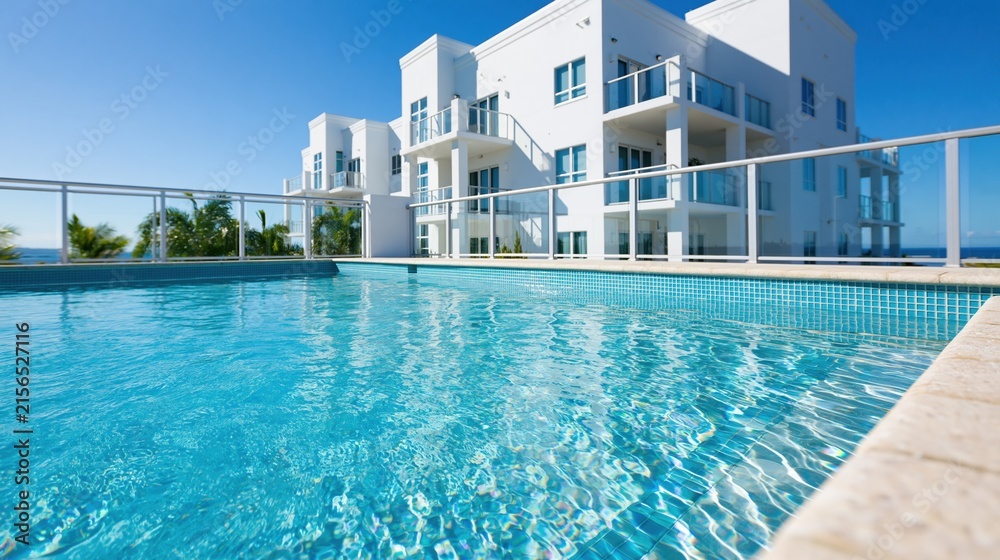 Obraz premium Luxury white modern apartment building with swimming pool overlooking the ocean on a sunny day